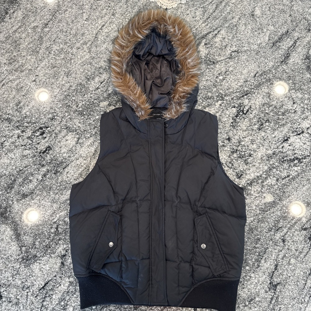 Calvin Klein Performance Women's  XL Puff Vest Jacket Black‎ Furry Hood #G28